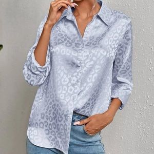 Boho Blue Jacquard Satin Leopard Print Button Down Blouse